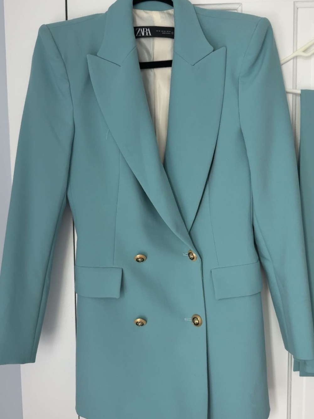 Zara Double-Breasted Teal Blue Blazer with Gold Buttons